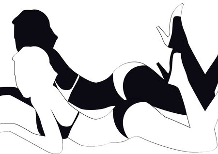 A silhouette of a woman. Contour black and white illustration.のイラスト素材
