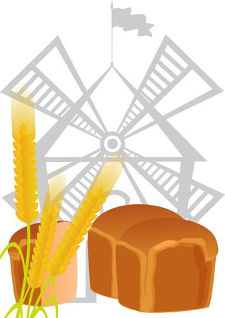 Ears of wheat and a loaf of bread against the windmillsのイラスト素材