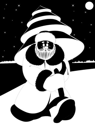 Santa Claus with Christmas tree. Black and white illustration.のイラスト素材