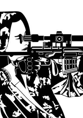 Soldier in camouflage looking through the scope sniper rifle. Black and white illustration.のイラスト素材