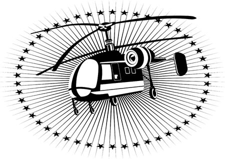 Helicopter in the background abstract rays and stars. Black and white illustration.のイラスト素材