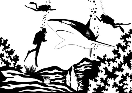 Predatory fish of the seas and oceans. Scuba divers swim near sharks. Black and white illustration.のイラスト素材