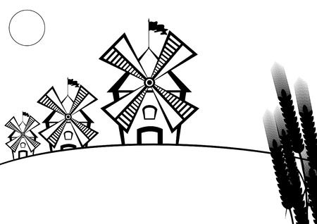 Windmills and ears of wheat. Black and white illustration.のイラスト素材