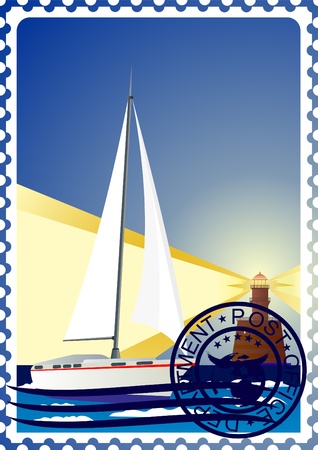 The illustration on a postage stamp. Night. The lighthouse and the yacht at sea.のイラスト素材