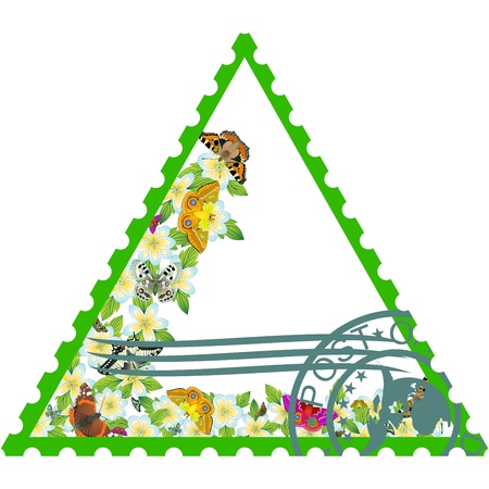 Postage stamp depicting a flying butterflies and field and meadow flowers  The illustration on a white background のイラスト素材