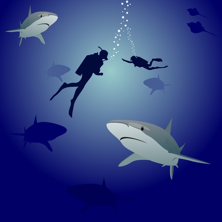 Scuba divers in the sea, surrounded by marine predators-sharksのイラスト素材