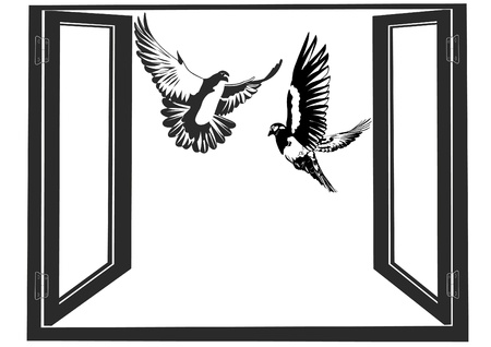 White doves flying against the backdrop of an open window. Black and white illustration.のイラスト素材