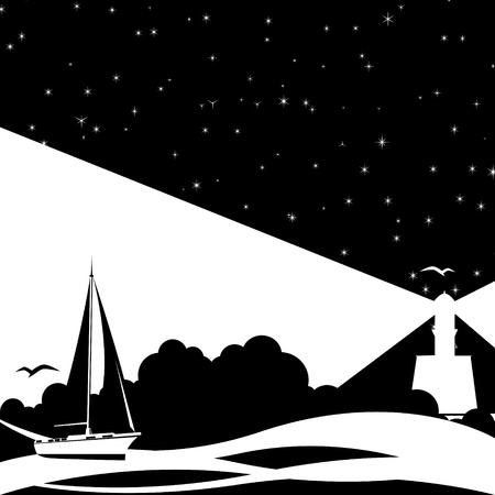 Sailing ship in the night the sea and the lighthouse.Black and white illustration.のイラスト素材