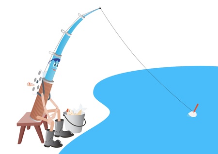 Abstract rod with buckets and catch at the lake  The illustration on a white background のイラスト素材