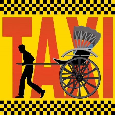 A man carries a passenger carriage on the background of the inscription,  Taxi  のイラスト素材