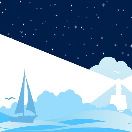 Sailing ship in the night the sea and the lighthouse のイラスト素材