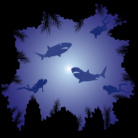 Scuba divers and sharks swim in the sea among the rocksのイラスト素材