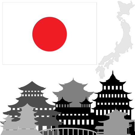 National Flag and the outline of buildings and architectural structures. The illustration on a white background.のイラスト素材