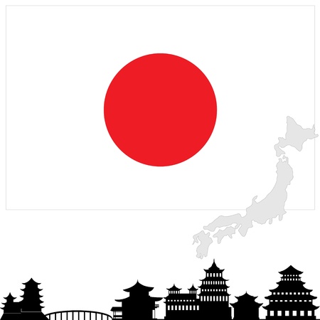 National Flag and the outline of buildings and architectural structures. The illustration on a white background.のイラスト素材