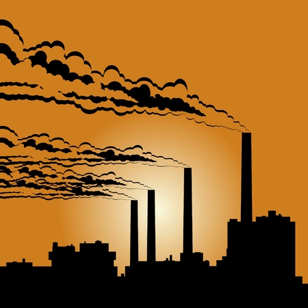 Circuit of industrial buildings and smoking chimneys against the setting sun.のイラスト素材