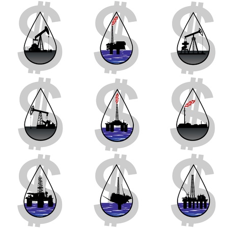 Circuit works the oil industry amid currency symbol sign. Illustration on the production and sale of natural resources. Illustration on white background.のイラスト素材