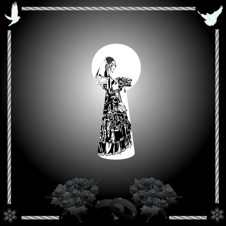 A look at the bride through the keyhole  Black and white illustration のイラスト素材