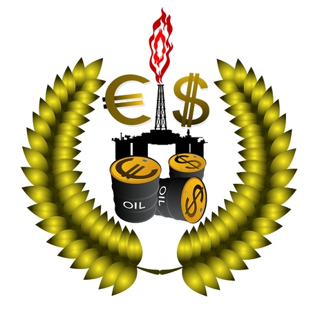 Petrochemical circuit towers, a dollar sign, euro and barrels of oil. Illustration on the production and sale of natural resources. Illustration on white background.のイラスト素材