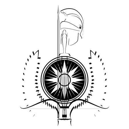 Arms and armor of the ancient warrior. Contour black and white illustration on a white background.のイラスト素材