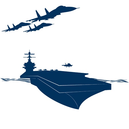 Navy. Military aircraft taking off from an aircraft carrier. Illustration on white background.のイラスト素材