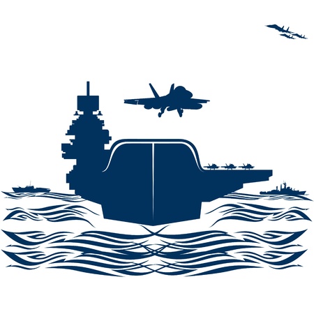 Navy. Military aircraft taking off from an aircraft carrier. Illustration on white background.のイラスト素材