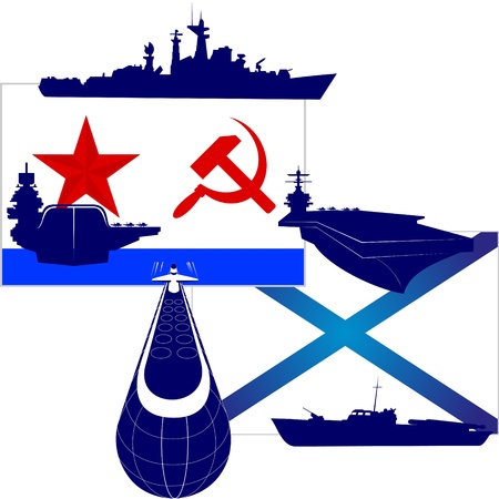 Contours of the modern military ships against the Flag of the Navy of the USSR and Russia. An illustration on a white background.のイラスト素材