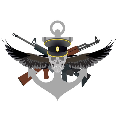 Abstract military icon  Skull with wings on background of arms and anchors  Illustration on white background のイラスト素材