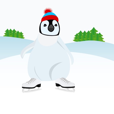 The young penguin goes for a drive on a pond on the skates のイラスト素材