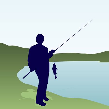 Against a landscape and the lake is a fisherman with a fishing rod and catch a fish.のイラスト素材
