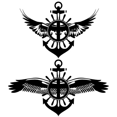 Badge with wings, wheel and anchor. Black-and-white illustration.のイラスト素材
