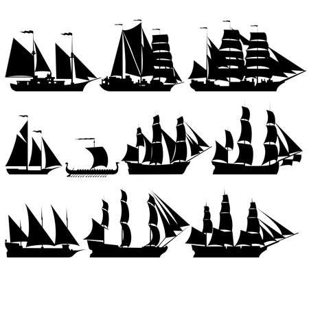 The contours of the old sailing ships. Black-and-white illustration on a white background.のイラスト素材