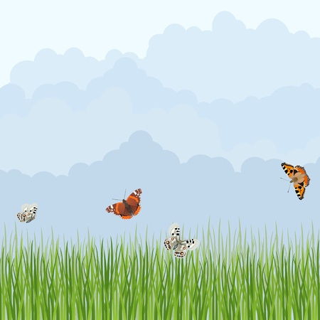 Years of natural landscape. Butterflies are flying over the green grass against the sky.のイラスト素材