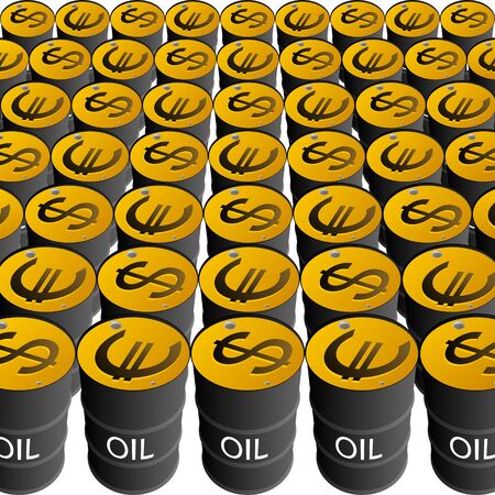Rows of barrels of oil and the dollar and euro signs  The illustration on a white background のイラスト素材