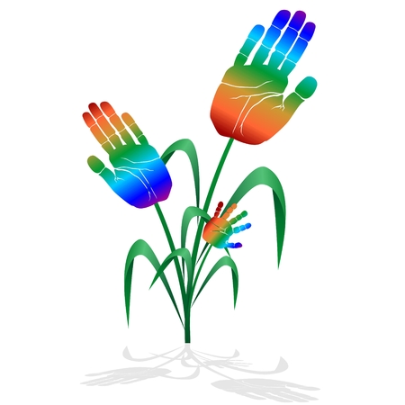 Peoples hands painted in the colors of the rainbow in the form of a flower plants  The illustration on a white background のイラスト素材