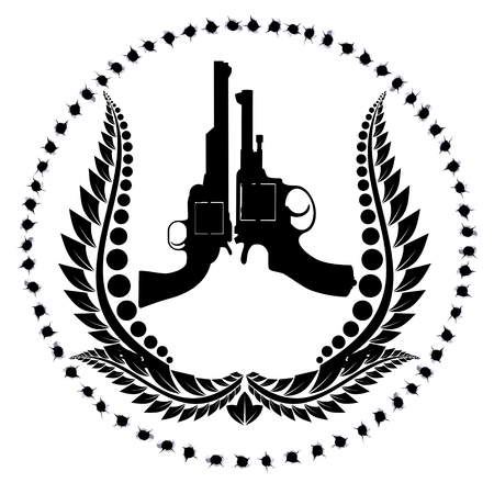 Two old revolver and a wreath against the bullet holes  Black and white illustration のイラスト素材