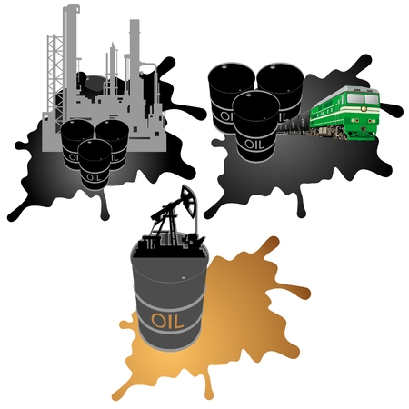 Barrel of oil products, oil platform and the locomotive carrying petroleum products in the background of the oil slick  Illustration on white background のイラスト素材