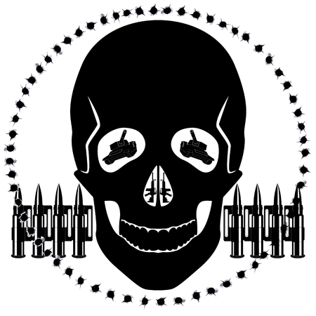 The contour of the human skull and military equipment on a background of bullet holes. The illustration on white background.のイラスト素材