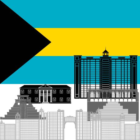 The national flag of the country and the contour image of architectural landmarks of this country. Illustration on white background.のイラスト素材