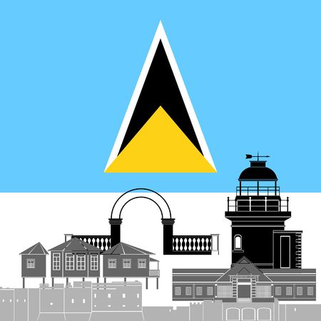 The national flag of the Saint Lucia and the contour image of architectural landmarks of this country. Illustration on white background.のイラスト素材
