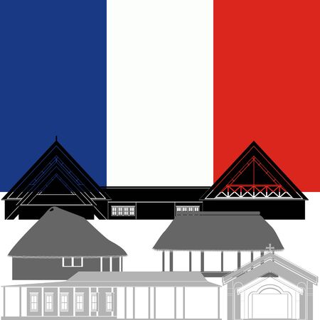 The national flag of the Wallis and Futuna Islands and the contour image of architectural landmarks of this country. Illustration on white background.のイラスト素材