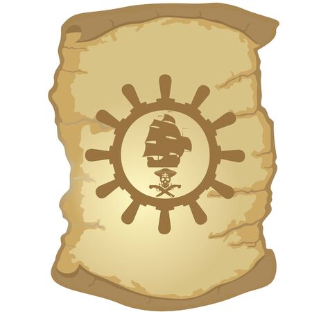 Ship steering wheel and sailing ship on the background of old parchment. The illustration on a white background.のイラスト素材