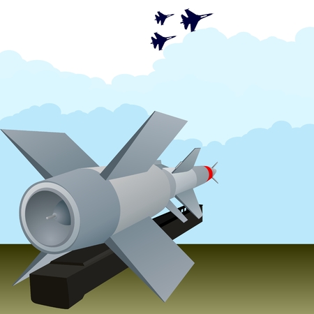 Missile air defense units and military aircraft in the sky.のイラスト素材