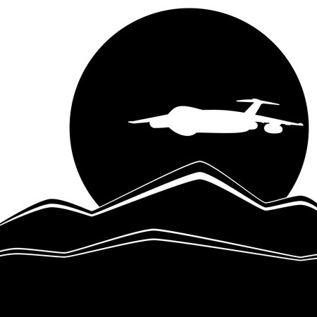 Black and white illustration. The plane flies over the mountains in the background of the sun.のイラスト素材