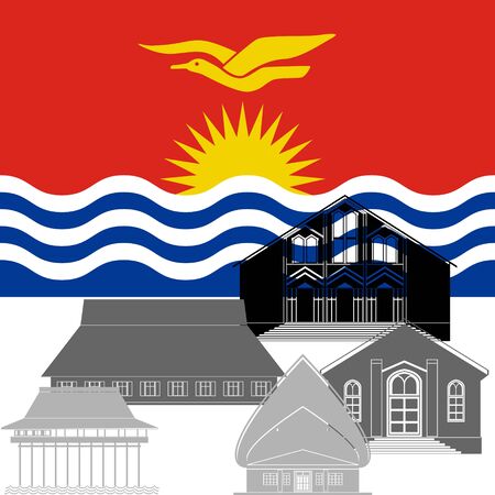 National flag of Kiribati and architectural attractions. The illustration on a white background.のイラスト素材