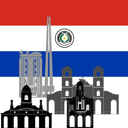 National flag of Paraguay and architectural attractions. The illustration on a white background.のイラスト素材
