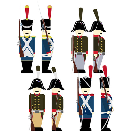 French Army soldiers in uniforms and weapons were used in the 1812 war. The illustration on a white background.のイラスト素材