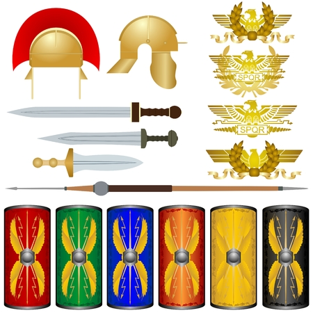 Weapons and symbols of the legions of ancient Rome. The illustration on a white background.のイラスト素材