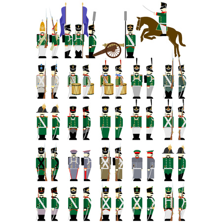 Army soldiers in Russian uniforms and weapons were used in the 1812 war. The illustration on a white background.のイラスト素材