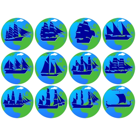 Set of vintage sailing ships in the background of the planet Earth. The illustration on a white background.のイラスト素材