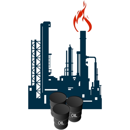Barrels of oil on the background of the oil refinery. The illustration on a white background.のイラスト素材